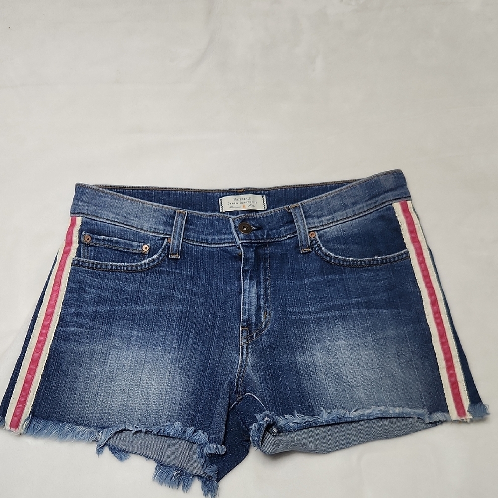 PRINCIPLE Denim Blue Women's Shorts with Red Stripe by